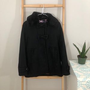 Detachable Faux fur collar black coat with bow button